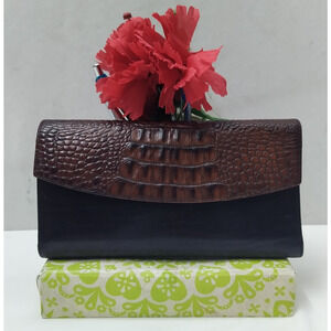 Brahmin Black Leather Crocodile Embossed ID Window Credit Card Checkbook Wallet